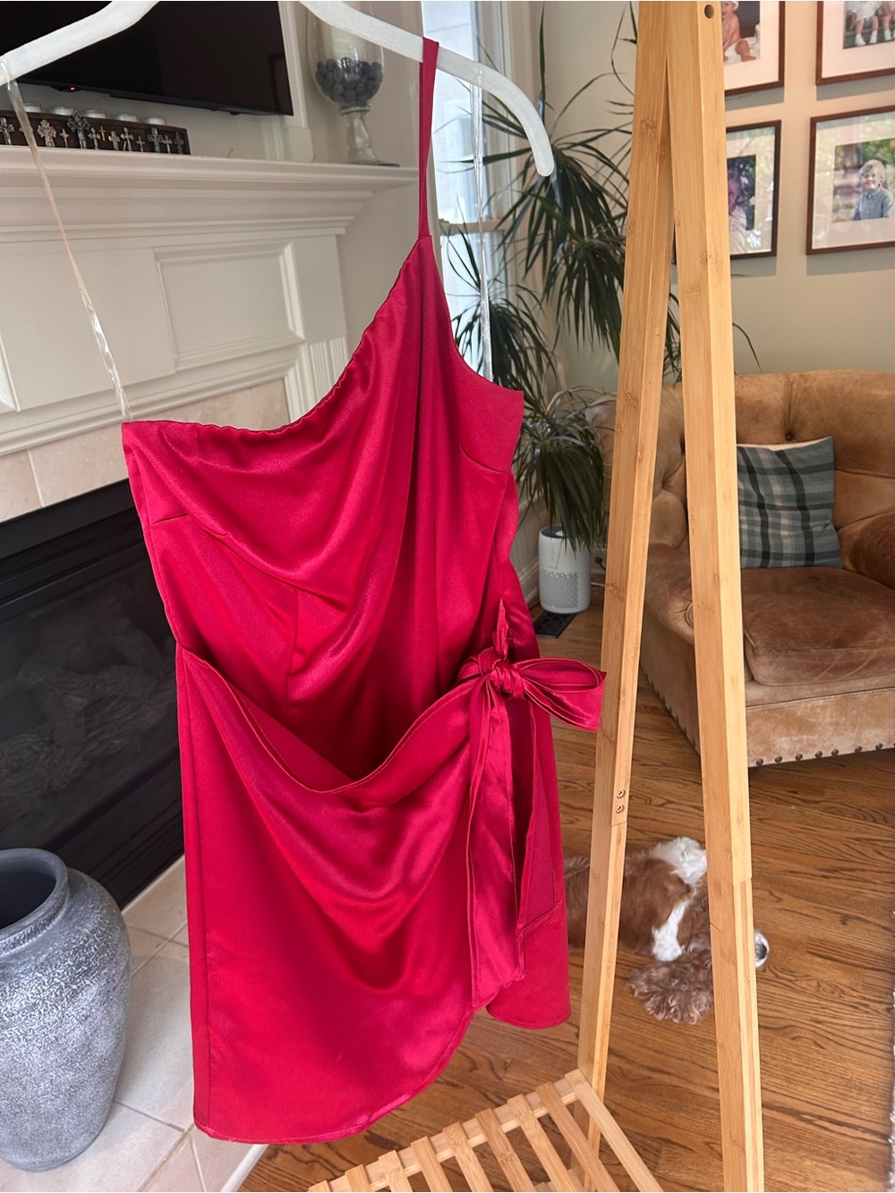 *can’t ship until 05/16* Hot Pink Satin One-Shoulder Tie Dress